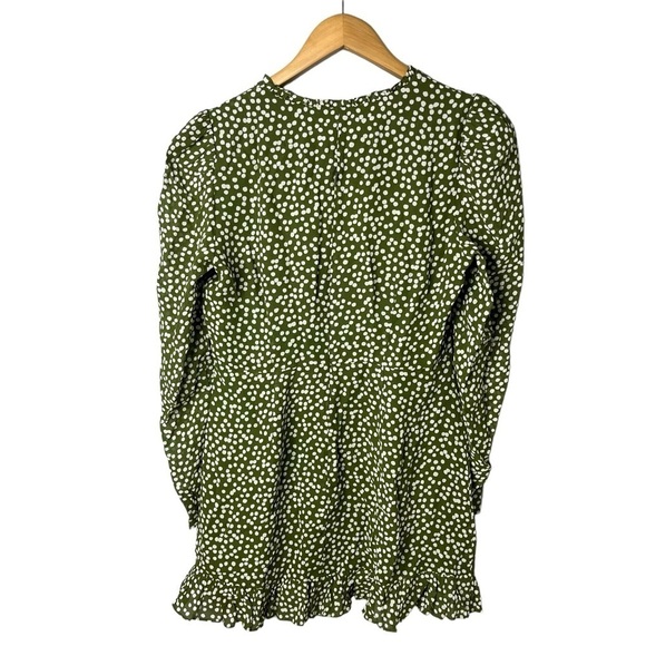 Reformation Marcy Dress Green Polka Dot Print Long Sleeve Size 10 Ruffle Trim - Picture 5 of 11
